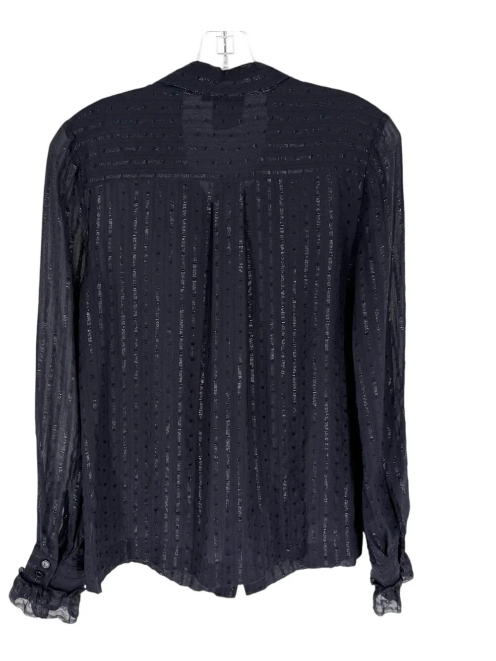 Tory Burch Ruffle Blouse Womens Size 6 Navy Shimmer Sheer Button Up Shirt